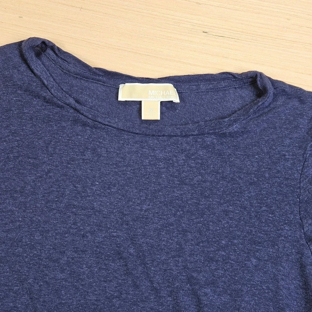 Michael Kors T-Shirt Women M Navy Blue Linen Blend‎ Short Sleeve Slit Hem Casual